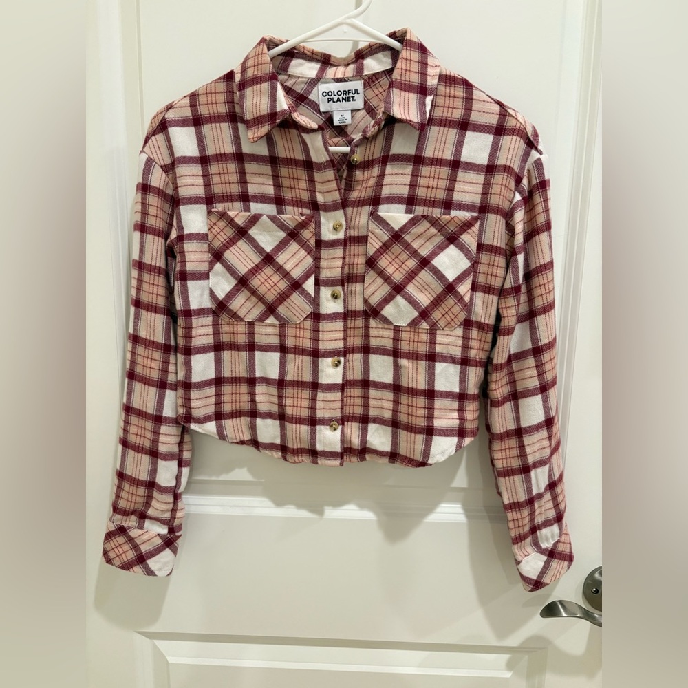 Girls Cropped Plaid Button Down Shirt - Maroon and White